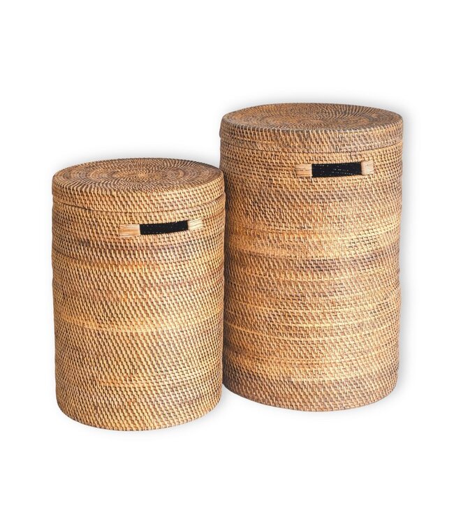 Grote wasmand met deksel - geweven ronde mand - bruine boho opslagmand - decoratieve rotan mand (2 maten Ø 36/40 cm) sari (bruin)