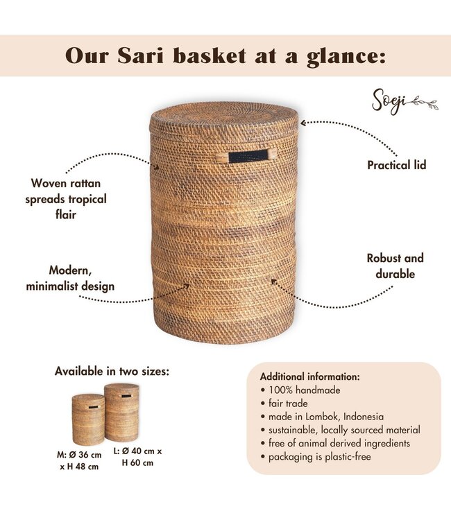 Grote wasmand met deksel - geweven ronde mand - bruine boho opslagmand - decoratieve rotan mand (2 maten Ø 36/40 cm) sari (bruin)