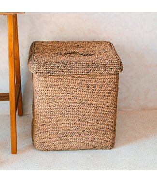 Grote wasmand met deksel - decoratieve geweven bruine mand - rechthoekige wasmand - boho mand handgemaakt van water hyacint semeru