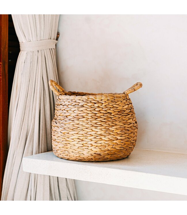 Ronde geweven wasmand - bolvormige boho -mand - natuurlijke plantenmand - grote waterhyacint opslagmand (2 maten) citra