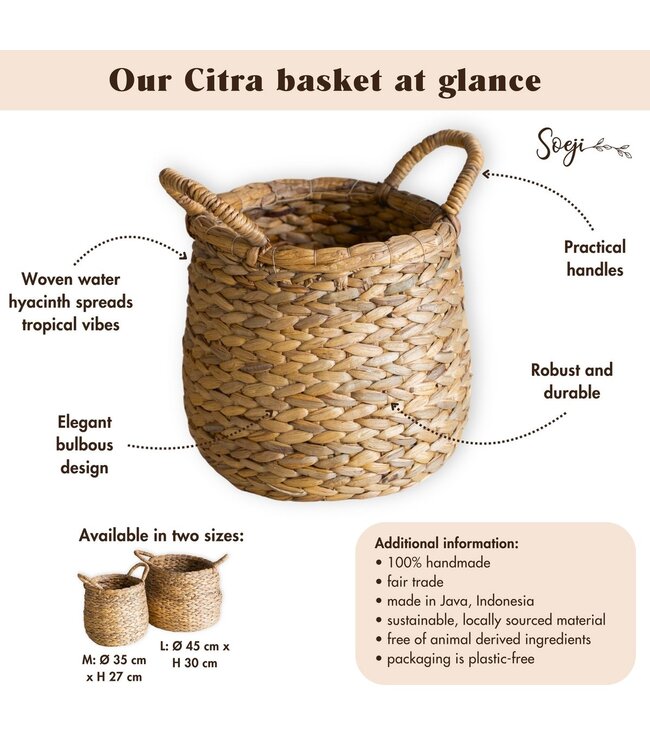 Ronde geweven wasmand - bolvormige boho -mand - natuurlijke plantenmand - grote waterhyacint opslagmand (2 maten) citra