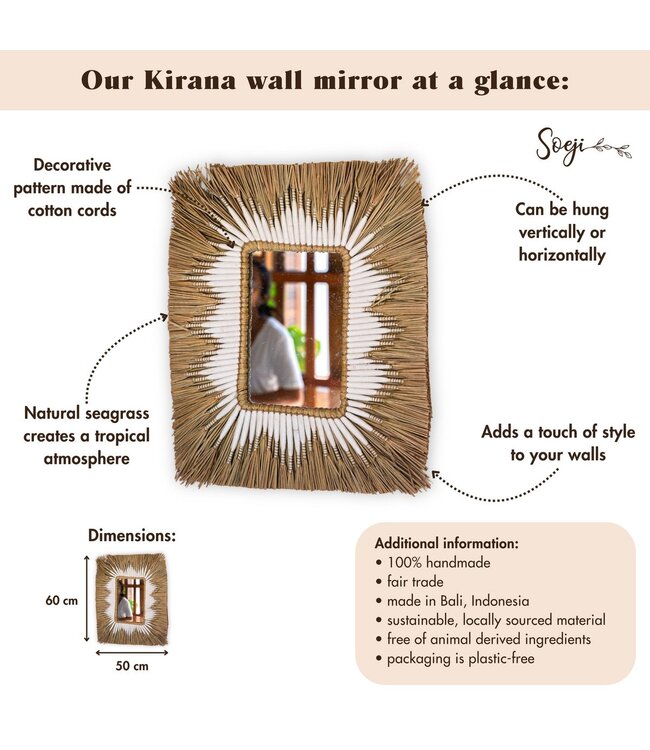 Zeegraswandspiegel - rechthoekige boho -hangende spiegel - randwandspiegel met wit katoenpatroon 60x50 cm kirana