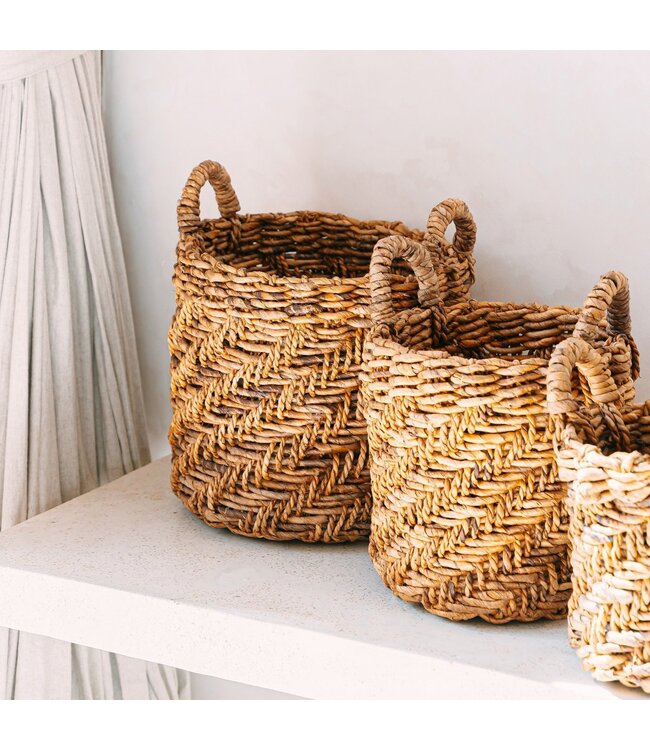 Boho Wasserij of plantenmand - Ronde geweven opslagmand - Decoratieve mand gemaakt van bananenvezel (3 maten Ø 25/32/38 cm) Rinjani