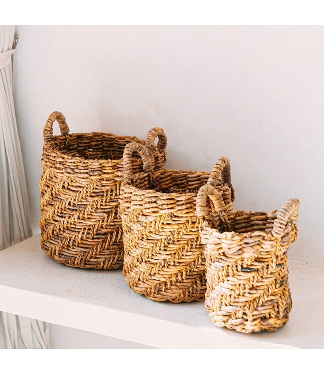 Boho Wasserij of plantenmand - Ronde geweven opslagmand - Decoratieve mand gemaakt van bananenvezel (3 maten Ø 25/32/38 cm) Rinjani