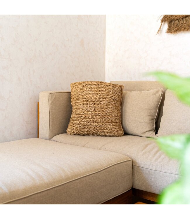 Boho kussen gemaakt van raffia - 40x40 cm decoratief geweven kussen - sofa kussen - natuurlijk beige vierkante kussen handgemaakt van raffia jiwa
