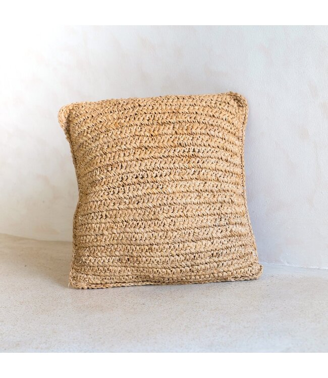 Boho kussen gemaakt van raffia - 40x40 cm decoratief geweven kussen - sofa kussen - natuurlijk beige vierkante kussen handgemaakt van raffia jiwa