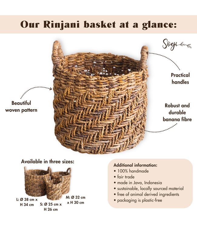 Boho Wasserij of plantenmand - Ronde geweven opslagmand - Decoratieve mand gemaakt van bananenvezel (3 maten Ø 25/32/38 cm) Rinjani