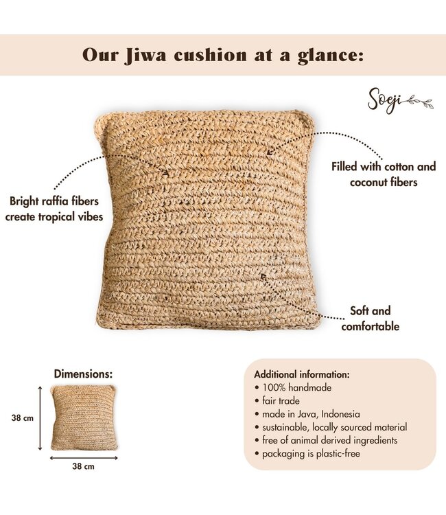 Boho kussen gemaakt van raffia - 40x40 cm decoratief geweven kussen - sofa kussen - natuurlijk beige vierkante kussen handgemaakt van raffia jiwa