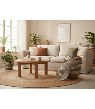 MAISON SUKU Rieten Wasmand & Opbergmand Zwart-Wit Puntdeksel