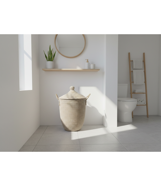 MAISON SUKU Rieten Wasmand & Opbergmand Wit Puntdeksel