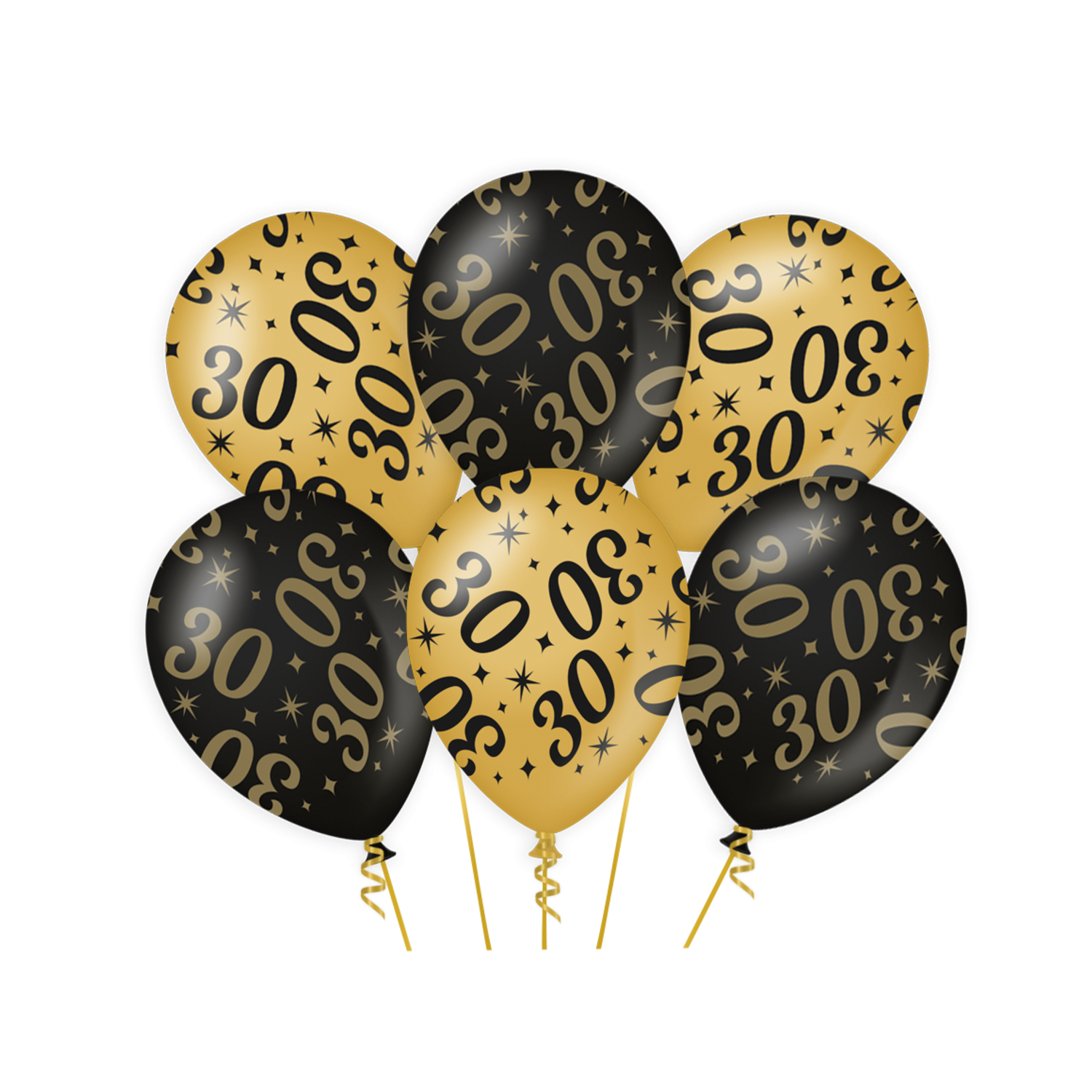 Ballons 30 ans or noir 30cm 6pcs - Partywinkel
