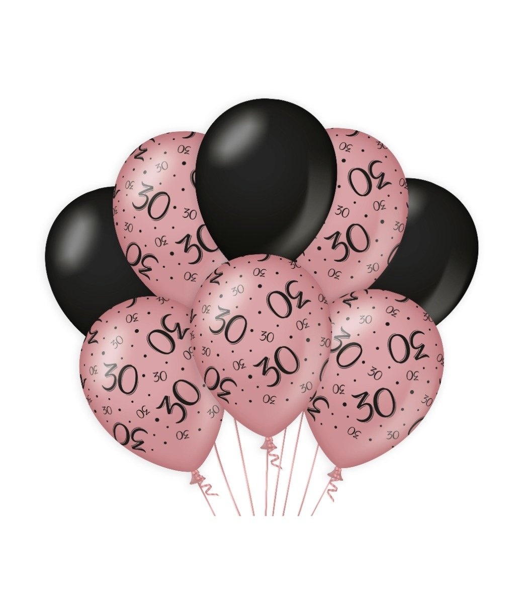 Ballons 30 ans Rose Noir 30cm 8pcs - Partywinkel
