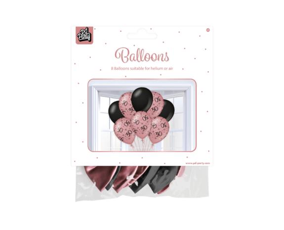 Ballons 30 ans Rose Noir 30cm 8pcs - Partywinkel