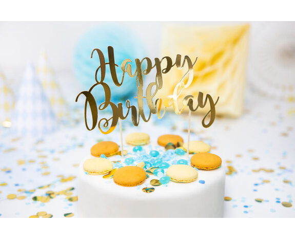 Décor de gâteau : happy birthday doré 22.5 cm - Party Deco