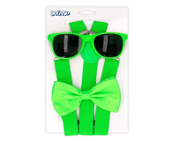 Ensemble d'accessoires Lunettes de fête vert fluo, nœud papillon et  bretelles - Partywinkel