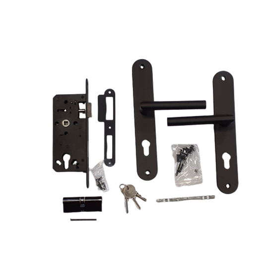 Poortslot set 72x165mm met cilinder - afgerond schild + rechte kruk zwart