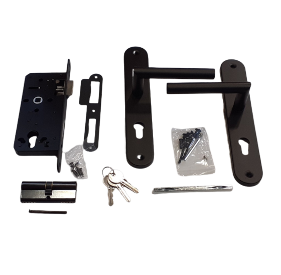 Poortslot set 72x165mm met cilinder - afgerond schild + rechte kruk zwart