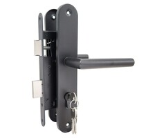 Deurbeslag Set - Poortslot 72x165mm (afgerond schild + rechte kruk) - Zwarte structuurcoating