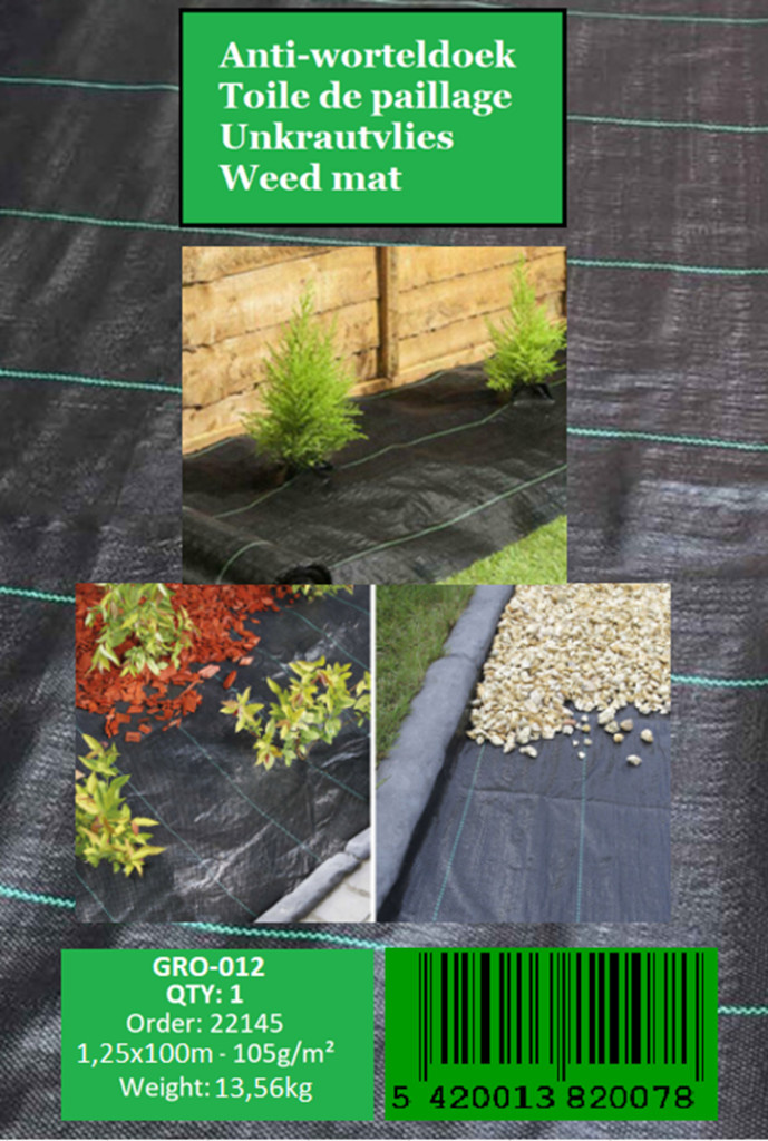 Worteldoek 1,25x100m ongecoat 105g/m² zwartgroen met ruitpatroon
