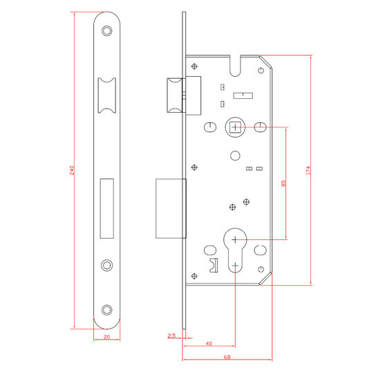 Insteekcilinderslot 68x174mm Zwart | Links + Rechts
