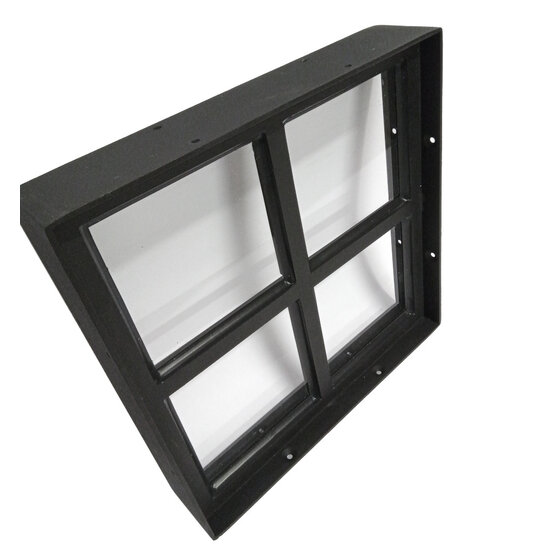 Stalen raam 250x250mm vast met 4 vakken zwart enkel glas 50mm diep