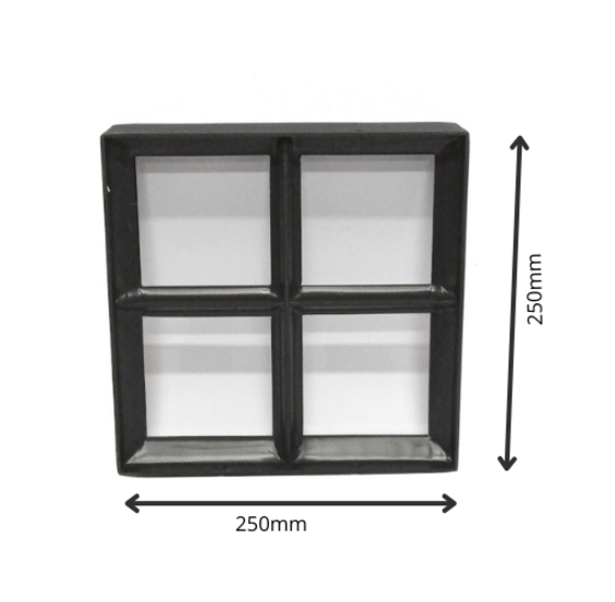 Stalen raam 250x250mm vast met 4 vakken zwart enkel glas 50mm diep