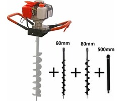 Benzine grondboor 52cc 2.3pk met 60mm en 80mm boor + verlengstuk