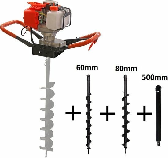 Benzine grondboor 52cc 2.3pk met 60mm en 80mm boor + verlengstuk