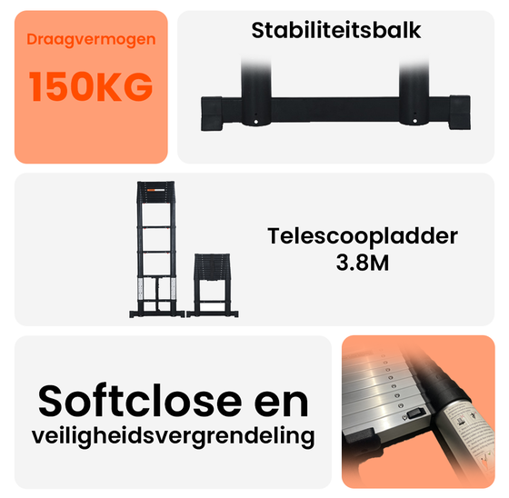 Kibani Telescoopladder 3,80 meter Zwart