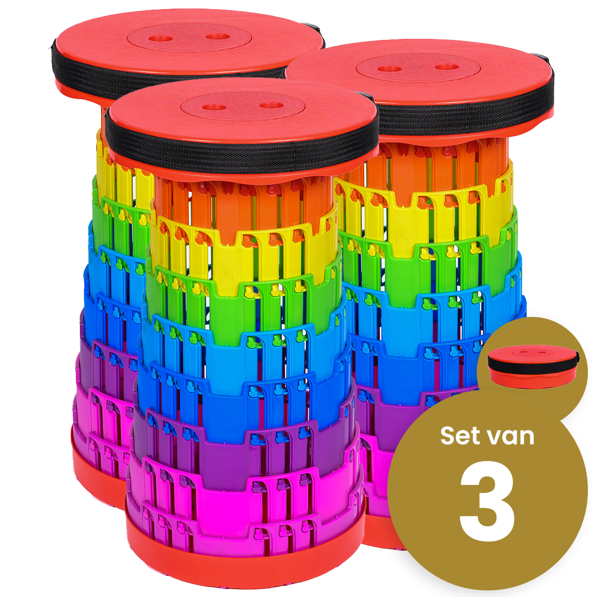 Opvouwbare kruk telescopisch stapelbaar regenboog set van 3 stuks