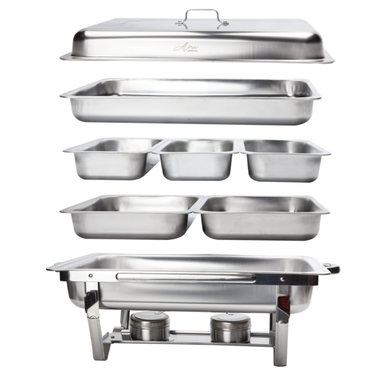 Alora Chafing Dish Chrome 6 bakken - Voedsel Verwamer - Voedsel Warmhouden - met Deksel - Buffetwarmer - Roestvrij Staal - Warmhoudplaat - Bain Maria - Warmhoudbakken - Warmhoudschalen