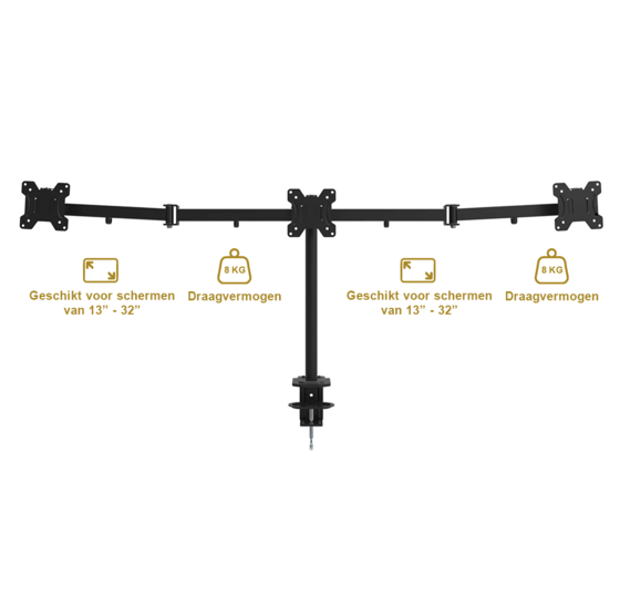 Alora Monitorarm 3 schermen - 13-27 inch - Muurbeugel - Beeldschermarm - Muurbeugel monitor - Monitorbeugels - Monitorbeugel 3 schermen