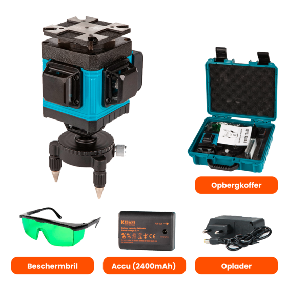 Kruislijnlaser 16 lijnen incl. accessoire koffer - bouwlaser zelfnivellerend - kruislijnlaser zelfnivellerend - kruislaser - rotatielaser - laserwaterpas - lijnlaser - oplaadbare accu - laser rood - met beschermbril en opberg box