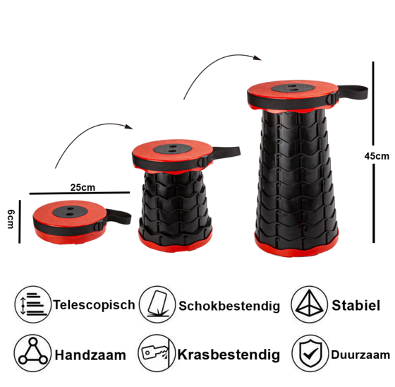 Telescopische opvouwbare kruk 6-45cm rood, draagkracht 110kg