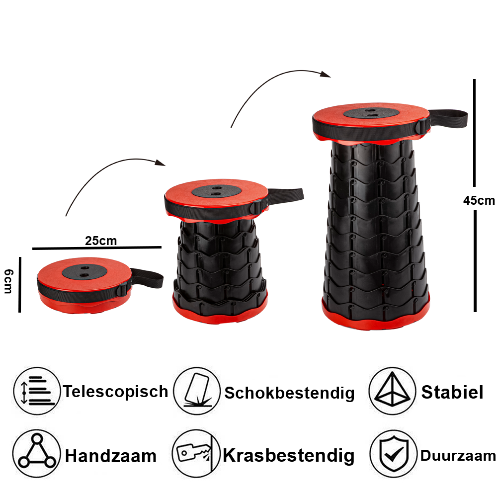 Telescopische opvouwbare kruk 6-45cm rood, draagkracht 110kg