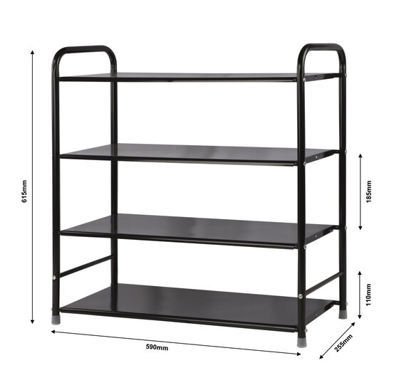 Schoenen opbergrek zwart - Schoenenrek - Schoenenkast - Organizer - 4 planken - Opbergplanken voor schoenen - 12 tot 15 paar schoenen - Schoenenstandaard - 25.5 x 59 x 61.5 cm - schoenenbank - metaal - zwart