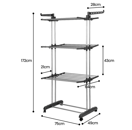 Alora Droogtoren - Kleding Droogrek - Inklapbaar - Inclusief Wielen - Droogtoren met Wieltjes - 20m Drooglengte - Grijs
