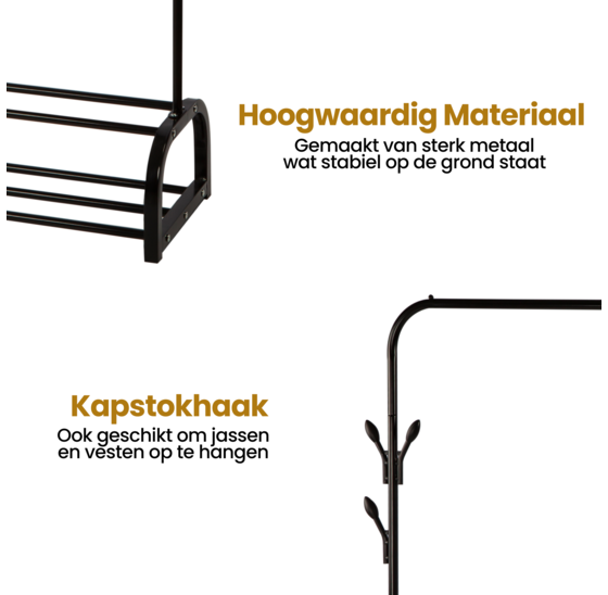 Alora Kledingrek zwart - kledingkast - kledinghanger - met schoenenrek - garderoberek - kledingstandaard - stabiel - kledingstang - ophangrek kleding - metaal