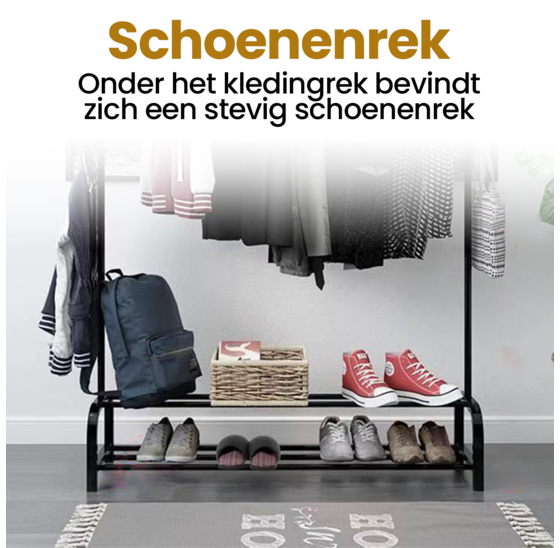 Alora Kledingrek zwart - kledingkast - kledinghanger - met schoenenrek - garderoberek - kledingstandaard - stabiel - kledingstang - ophangrek kleding - metaal
