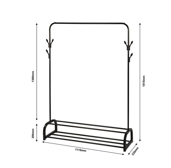 Alora Kledingrek zwart - kledingkast - kledinghanger - met schoenenrek - garderoberek - kledingstandaard - stabiel - kledingstang - ophangrek kleding - metaal