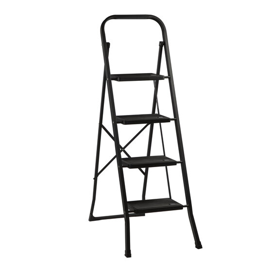 Kibani Keukentrapje Basic - 4 treden - huishoudtrap - keukentrap - opstapje - metaal - opvouwbaar - inklapbaar - zwart - antislip - stevig