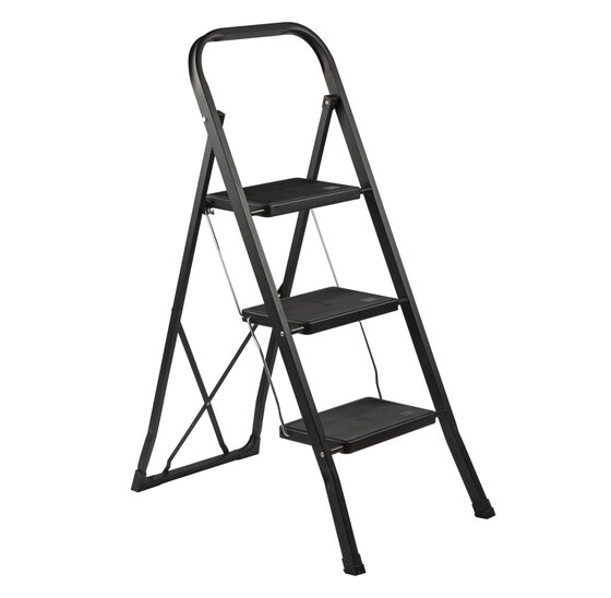 Kibani Keukentrapje Basic - 3 treden - huishoudtrap - keukentrap - opstapje - metaal - opvouwbaar - inklapbaar - zwart - antislip - stevig