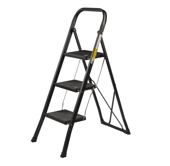 Kibani Keukentrapje Basic - 3 treden - huishoudtrap - keukentrap - opstapje - metaal - opvouwbaar - inklapbaar - zwart - antislip - stevig