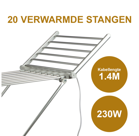 Alora elektrisch verwarmd droogrek - Zilver - 20 stangen - wasrek - inklapbaar - energiezuinig - verwarming - verwarmbaar - kindvriendelijk - wasknijper proof