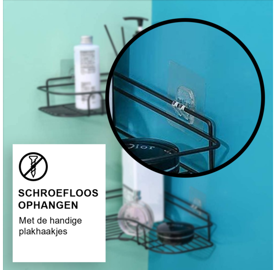 Alora Zelfklevend Doucherek - doucherek met zuignap - badrek - badkamer rek - opbergrek - keukenrek - doucherek hoek - zonder schroeven - doucherek hangend - doucherek zwart