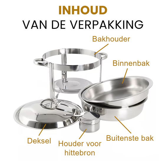 Alora Chafing Dish rond 4.5L - geschikt voor soep - buffet - voedsel verwamer - voedsel warmhouden - met deksel - buffetwarmer - roestvrij staal - chrome - 4.5 liter inhoud - warmhoudplaat - bain maria - warmhoudbakken - Warmhoudschalen