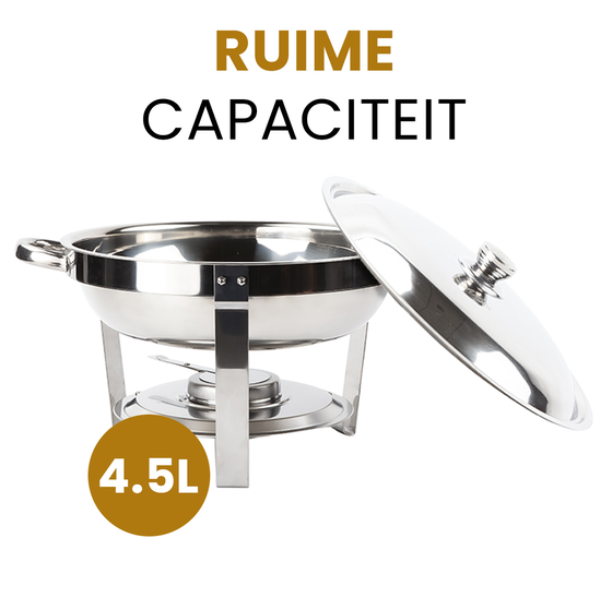 Alora Chafing Dish rond 4.5L - geschikt voor soep - buffet - voedsel verwamer - voedsel warmhouden - met deksel - buffetwarmer - roestvrij staal - chrome - 4.5 liter inhoud - warmhoudplaat - bain maria - warmhoudbakken - Warmhoudschalen