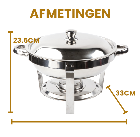 Alora Chafing Dish rond 4.5L - geschikt voor soep - buffet - voedsel verwamer - voedsel warmhouden - met deksel - buffetwarmer - roestvrij staal - chrome - 4.5 liter inhoud - warmhoudplaat - bain maria - warmhoudbakken - Warmhoudschalen