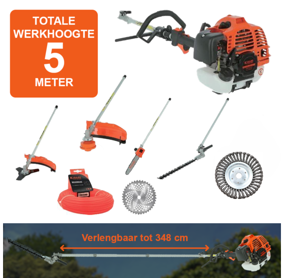 Kibani 6-in-1 Multitool XXL - Werkhoogte 5 meter - 52 cc / 1.9 PK 2-takt Benzine Motor - Heggenschaar, Kettingzaag, Grastrimmer, Maaidraad 100M, Onkruidborstel, Zaagblad, Maaidraad 100 m & Bosmaaier