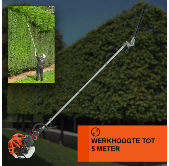 Kibani 6-in-1 Multitool XXL - Werkhoogte 5 meter - 52 cc / 1.9 PK 2-takt Benzine Motor - Heggenschaar, Kettingzaag, Grastrimmer, Maaidraad 100M, Onkruidborstel, Zaagblad, Maaidraad 100 m & Bosmaaier